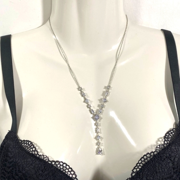 JCM Jewelry - Sexy Y-Drop CZ Necklace Silver Tone Chain 21” Signed JCM CZ China EUC